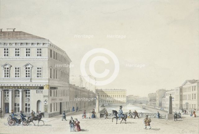 View of the Moika Embankment from the Police Bridge, 1839. Artist: Anonymous  