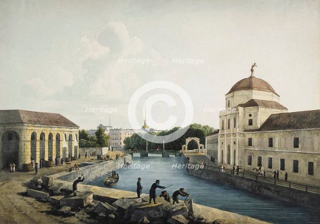 View of the Moika River by the Imperial stables, St Petersburg, Russia, 1809.  Artist: Andrej Martynoff