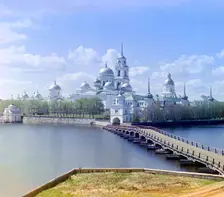 View of the monastery from Svetlitsa [Island, Saint Nil Stolbenskii Monastery, Lake Seliger], 1910. Creator: Sergey Mikhaylovich Prokudin-Gorsky