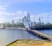 View of the monastery from Svetlitsa [Island, Saint Nil Stolbenskii Monastery, Lake Seliger], 1910. Creator: Sergey Mikhaylovich Prokudin-Gorsky