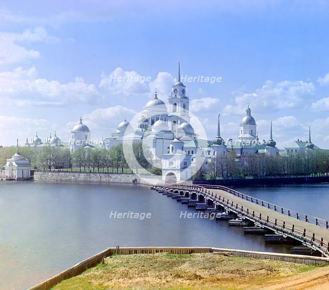 View of the monastery from Svetlitsa [Island, Saint Nil Stolbenskii Monastery, Lake Seliger], 1910. Creator: Sergey Mikhaylovich Prokudin-Gorsky.
