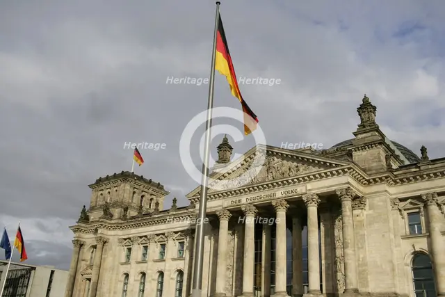 View of the main facade, Reichstag Building, Berlin, Germany, 2025. Creator: LTL.