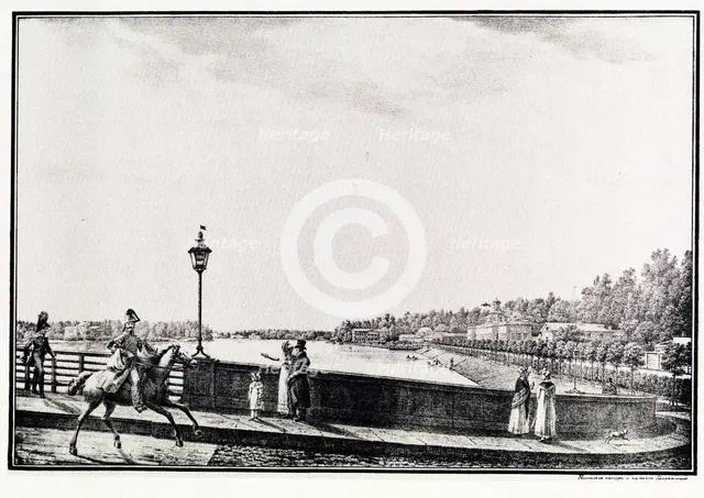 View of the Malaya Nevka River from the Kamennoostrovsky Bridge, 1821-1822. Artist: Galaktionov, Stepan Philippovich (1779-1854)