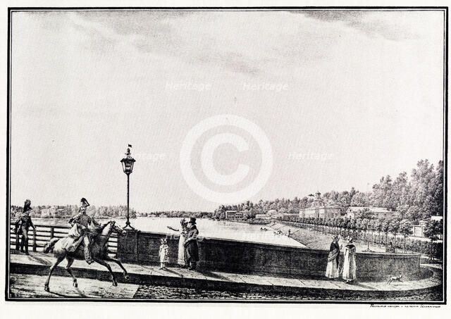 View of the Malaya Nevka River from the Kamennoostrovsky Bridge, 1821-1822. Artist: Galaktionov, Stepan Philippovich (1779-1854)