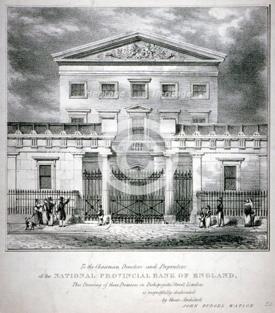 View of the National Provincial Bank at no 112 Bishopsgate Street, City of London, c1840. Artist: Anon