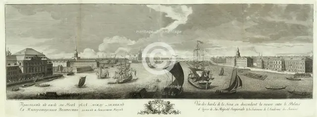 View of the Neva Downstream between the Winter Palace and the Academy of Sciences (Book to the 50th anniversary of St Petersburg, 1753. Artist: Kachalov, Grigory Anikeevich (1711-1759)