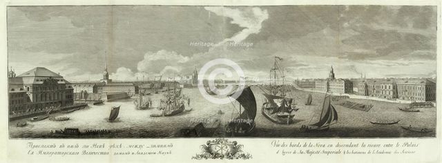 View of the Neva Downstream between the Winter Palace and the Academy of Sciences (Book to the 50th anniversary of St Petersburg, 1753. Artist: Kachalov, Grigory Anikeevich (1711-1759)
