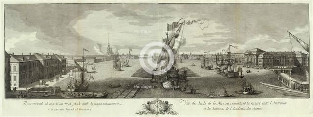 View of the Neva Downstream from the Admirality and the Academy of Sciences (Book to the 50th anniversary of St Petersburg), 1753. Artist: Vinogradov, Yefim Grigoryevich (1725/28-1769)