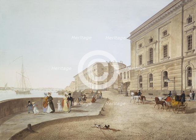 View of the Neva Embankment by the Old Hermitage Building, 1824. Artist: Beggrov, Karl Petrovich (1799-1875)