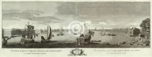 View of the Neva River between the Galley Yard and the Vasilyevsky Island (Book to the 50th anniversary of St Petersburg), 1753. Artist: Elyakov, Ivan Petrovich (1725-1756)