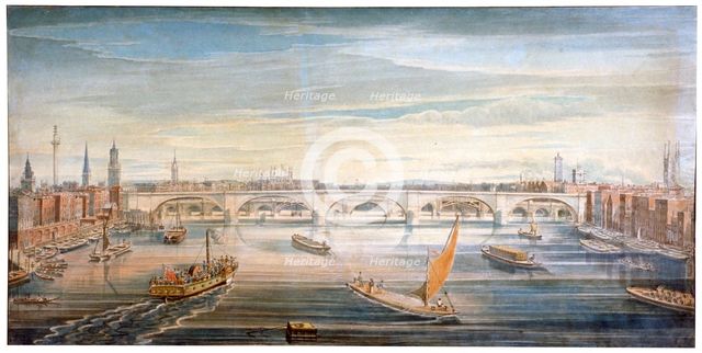 View of the new London Bridge from the west, with boats and barges on the Thames, 1831.              Artist: G Yates