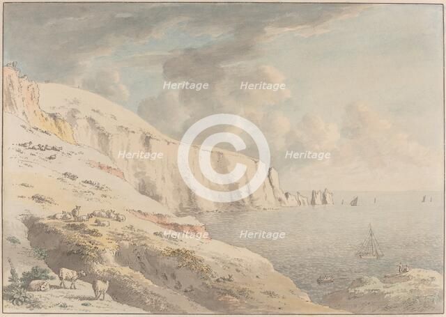 View of the Needles, and White Cliffs Taken from Allum Bay, Isle of Wight, 1772/1781. Creator: Anthony Devis.