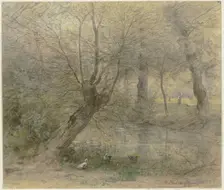 View of the Nied near Brentano's Park in Rödelheim, with ducks Animated, 19th century. Creator: Philipp Rumpf