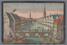 View of the Nikolaifleet opposite St. Nicholas church in Hamburg, 1742-1801. Creator: Anon