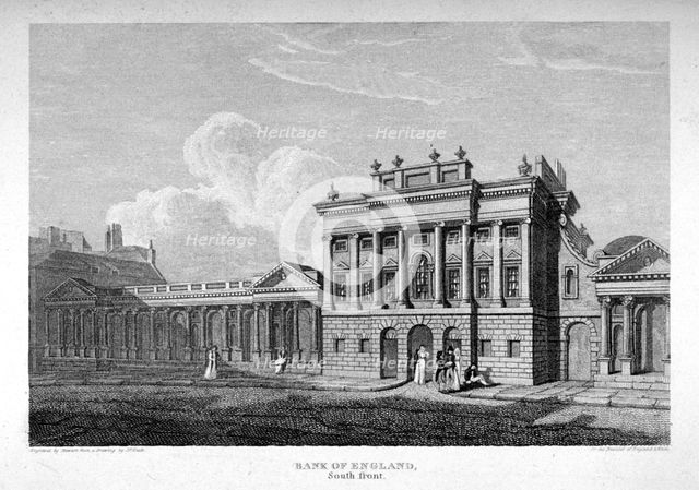 View of the south front of the Bank of England, City of London, 1814. Artist: James Stewart