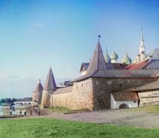 View of the Solovetsky Monastery from land, Solovetski Islands, 1915. Creator: Sergey Mikhaylovich Prokudin-Gorsky