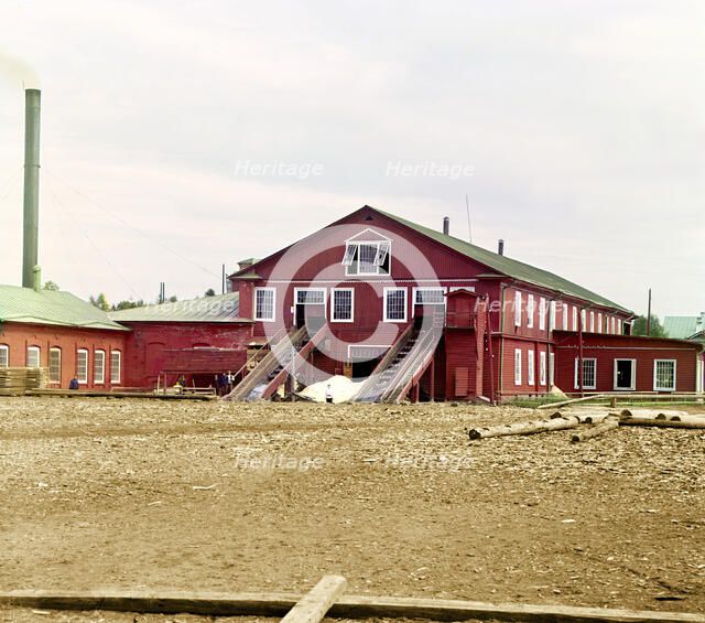 View of the sawmill, Kovzha [Russian Empire], 1909. Creator: Sergey Mikhaylovich Prokudin-Gorsky.