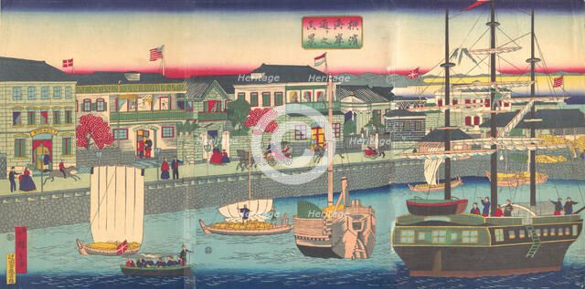 View of the Seafront in Yokohama (Yokohama Kagandori no fukei), 5th month, 1870. Creator: Utagawa Hiroshige III.
