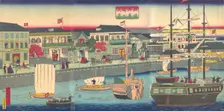 View of the Seafront in Yokohama (Yokohama Kagandori no fukei), 5th month, 1870. Creator: Utagawa Hiroshige III
