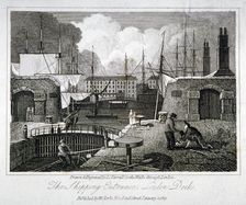 View of the shipping entrance to London Docks, Wapping, 1817. Artist: JC Varrall
