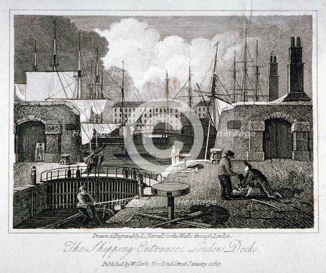 View of the shipping entrance to London Docks, Wapping, 1817. Artist: JC Varrall