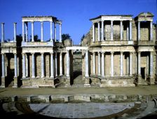 View of the stage of the Roman theater of Merida which consists of two floors with columns, 24 b.C