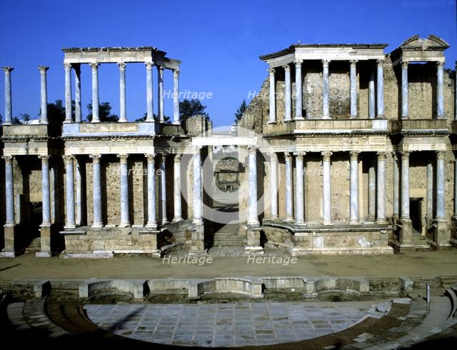 View of the stage of the Roman theater of Merida which consists of two floors with columns, 24 b.C.
