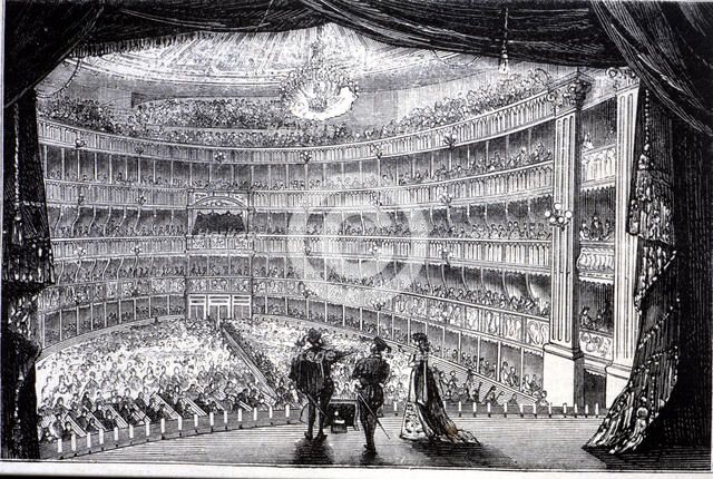 View of the stalls of the Teatro Real in Madrid, built in 1850, from the stage, engraving, 1870.