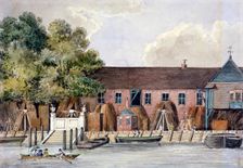 View of the Steelyard from the River Thames, Upper Thames Street, London, c1801. Artist: Charles Tomkins
