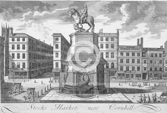 View of the Stocks Market, Poultry, looking from the west, City of London, 1700. Artist: Anon