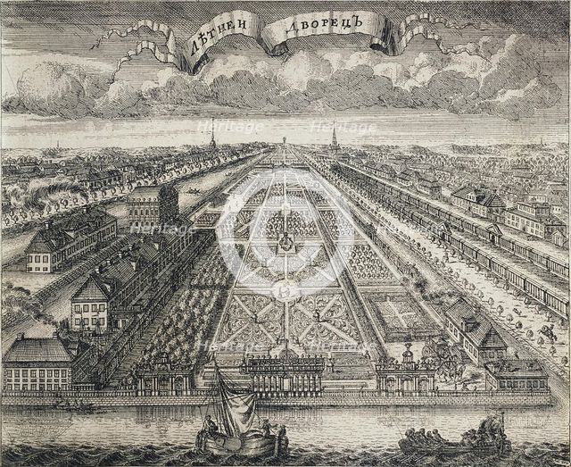 View of the Summer Gardens from the Neva River, 1717. Artist: Zubov, Alexei Fyodorovich (1682-after 1750)