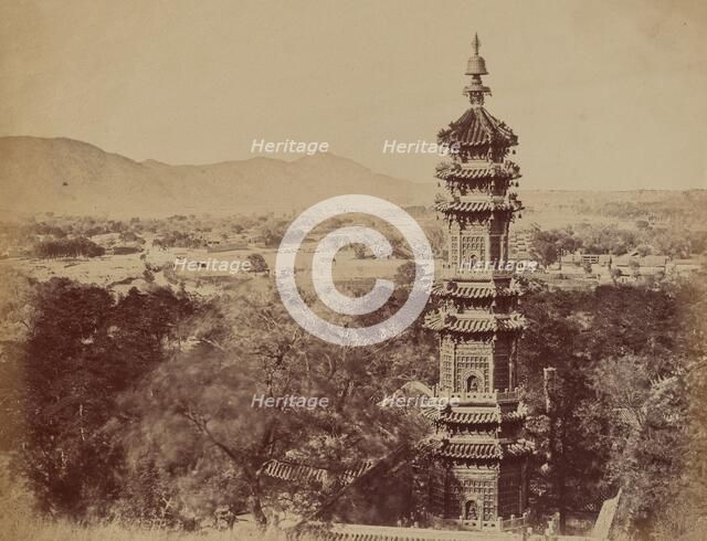View of the Summer Palace Yuen Min Yuen, Pekin, Showing the Pagoda..., October 1860, 1860. Creator: Felice Beato.