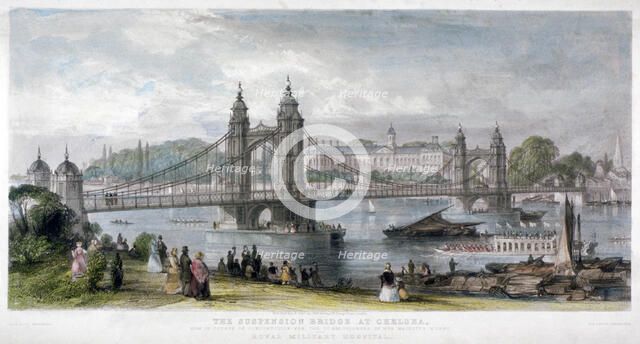 View of the suspension bridge at Chelsea, London, 1852.                                        Artist: TA Prior
