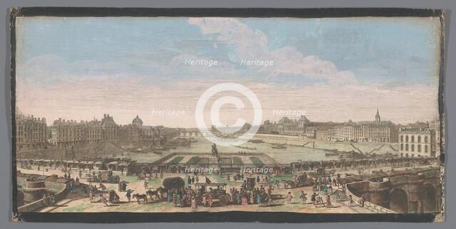 View of the Pont Neuf over the Seine River in Paris, seen towards the Pont Royal, 1700-1799. Creators: Anon, Jacques Rigaud.