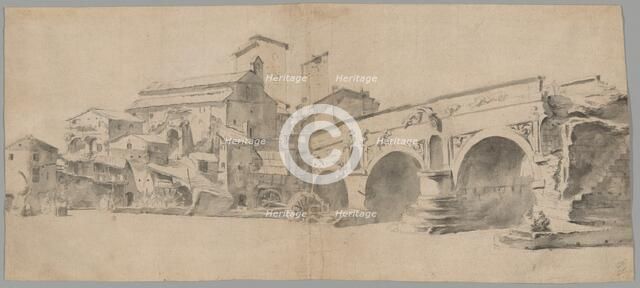 View of the Ponte Rotto, Rome, with Watermills, late 1630s. Creator: Jan Asselijin.