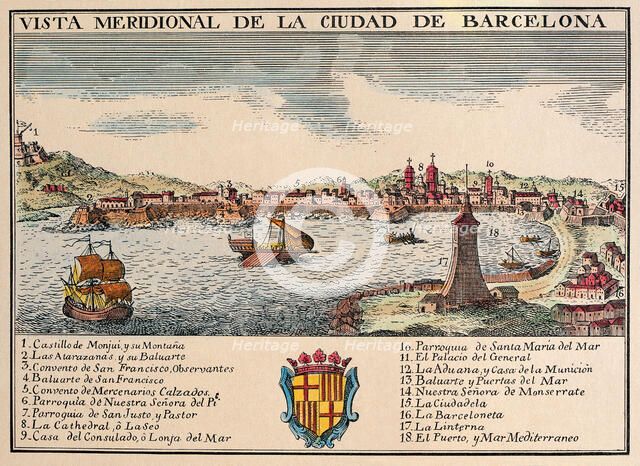 View of the Port of Barcelona. Engraving.