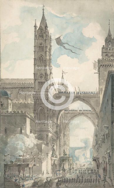 View of the Portal and Principal Entrance of the Cathedral of Palermo during the Festival..., n.d. Creator: Louis Jean Desprez.