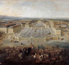View of the palace of Versailles from the Place d'Armes in 1722. Artist: Martin, Pierre-Denis II (1663-1742)