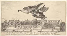 View of the Palais Cardinal, the figure of Fame at top center flying towards the left a..., 1649-51. Creator: Stefano della Bella