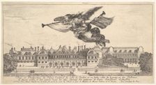 View of the Palais Cardinal, the figure of Fame at top center flying towards the left a..., 1649-51. Creator: Stefano della Bella