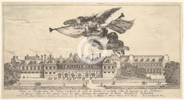 View of the Palais Cardinal, the figure of Fame at top center flying towards the left a..., 1649-51. Creator: Stefano della Bella.