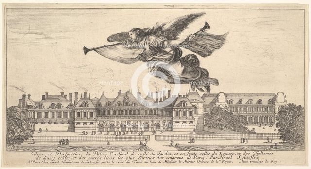 View of the Palais Cardinal, the figure of Fame at top center flying towards the left a..., 1649-51. Creator: Stefano della Bella.