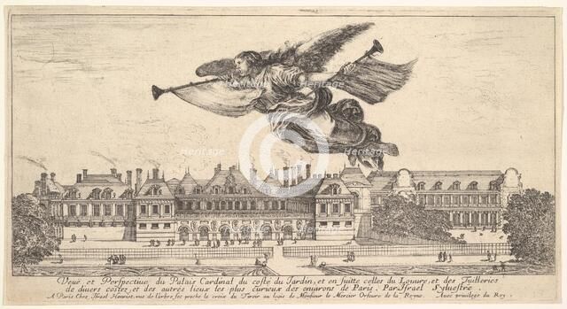 View of the Palais Cardinal, the figure of Fame at top center flying towards the left a..., 1649-51. Creator: Stefano della Bella.