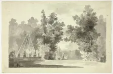 View of the Park at Versailles: Arch of Ladders with Plants; Statuary, n.d. Creator: Pierre Antoine Mongin