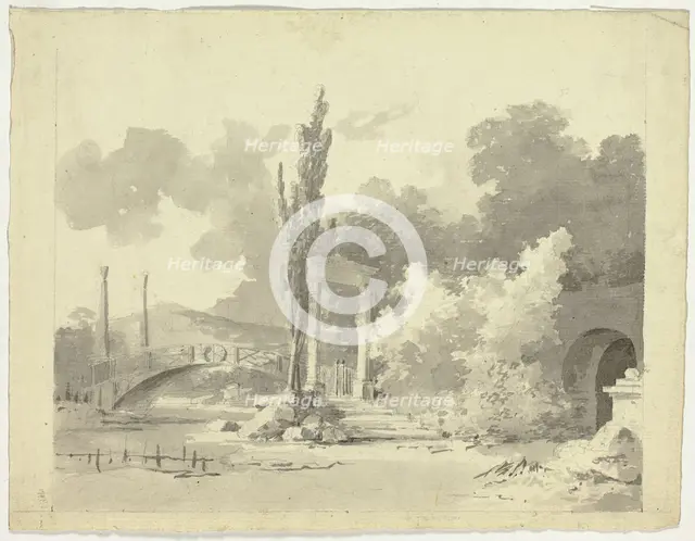 View of the Park at Versailles: Arched Bridge with Columned Approaches, n.d. Creator: Pierre Antoine Mongin.