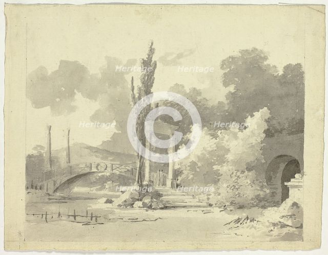 View of the Park at Versailles: Arched Bridge with Columned Approaches, n.d. Creator: Pierre Antoine Mongin.