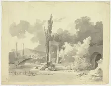 View of the Park at Versailles: Arched Bridge with Columned Approaches, n.d. Creator: Pierre Antoine Mongin