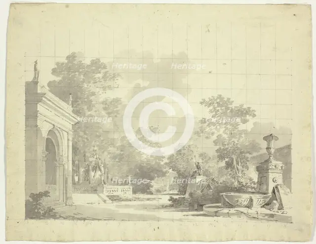 View of the Park at Versailles: Arched Entry to a Terrace, Urns and Ruined Statuary, n.d. Creator: Pierre Antoine Mongin.