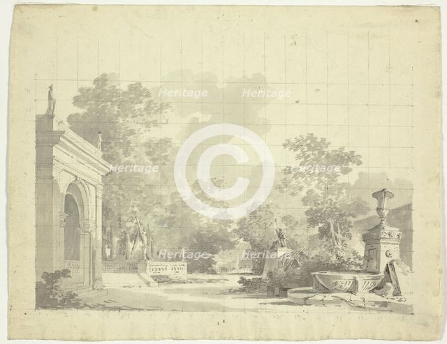 View of the Park at Versailles: Arched Entry to a Terrace, Urns and Ruined Statuary, n.d. Creator: Pierre Antoine Mongin.