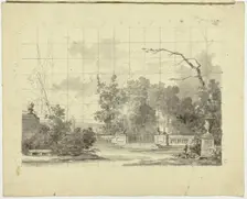 View of the Park at Versailles: Balustrade with Two Sphinxes Urn, n.d. Creator: Pierre Antoine Mongin